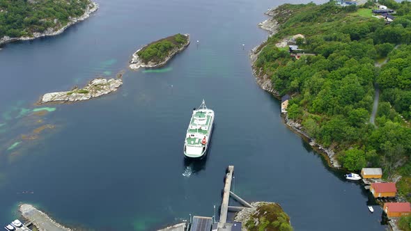 Ferry Sailing Away From The Pier In Norway, Drone Stock Footage By Drone Rune alt