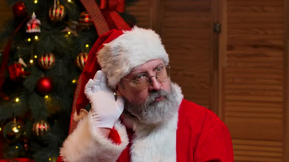 Portrait of Santa Claus Holding His Hand Near Ear Trying to Listen to Interesting News alt