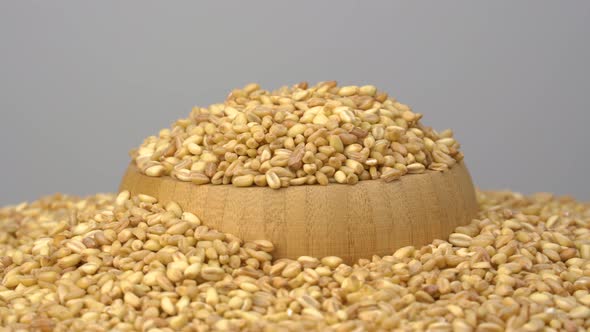 Grain kernel product in wooden container.  alt