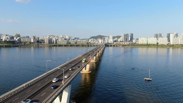 Korea Seoul Yeongdeungpo Gu Yeouido Han River Bridge Road Traffic