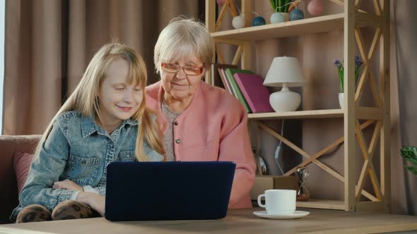Grandmother and Granddaughter Communicate By Video Link with Relatives alt