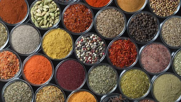 Assortment of aromatic spices, seeds and dry herbs for cooking food alt