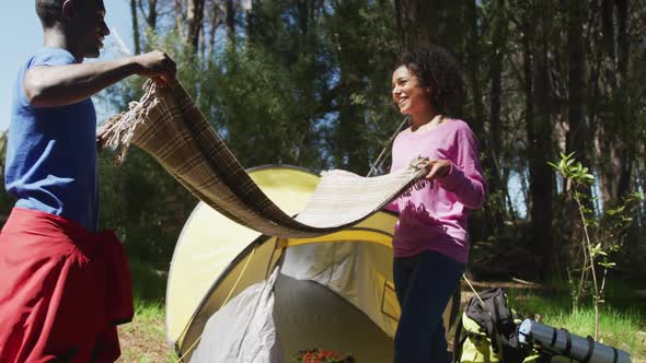 Smiling diverse couple packing equipment after camping in countryside alt
