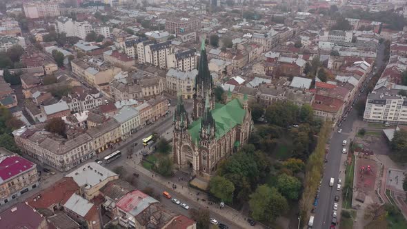 Aerial View of Historical Church of Saints Olga and Elizabeth Old Gothic Temple in Town Lviv Ukraine alt