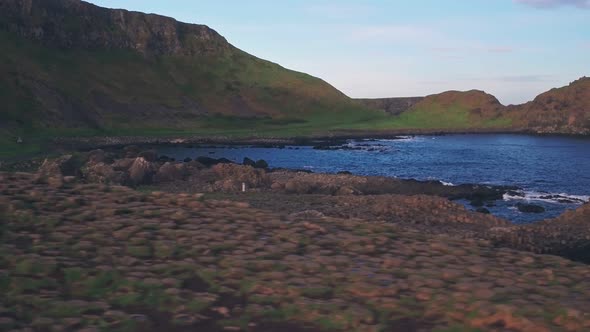 Giants Causeway on Antrim Coast of Northern Ireland. Aerial drone view alt