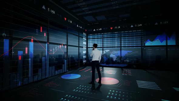 Rearview of businessman looking at digital animation of glowing graph interface alt