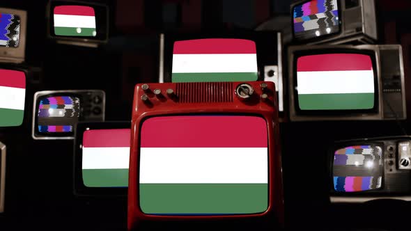 Flag of Hungary on Retro TVs. 4K.