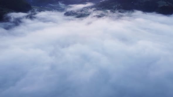 Aerial View of Thick White Clouds in a Mountain Forest Valley Above the Trees