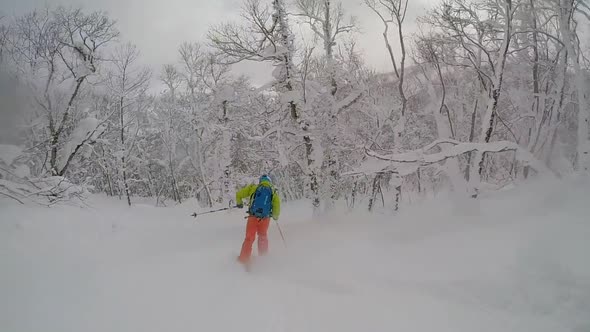 Young man skier skiing in the mountains on fresh powder. alt
