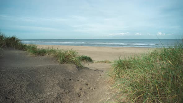 Dunes Near The Shoreline Of A Beach With People Walking At Daytime In North Sea Beach, South Holland alt