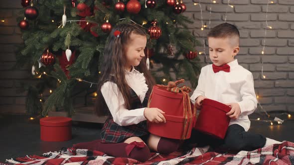 The Little Kids Holding Gifts Near the Christmas Tree alt