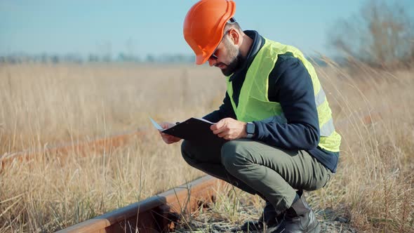Repair Maintenance Old Train Rails. Chief Engineer Inspection Rust Railway. Railroad Worker. alt