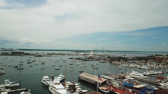 Aerial view of Bannister's Wharf Marina, Goat Island , yachts and Claiborne Pell Suspension