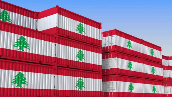 Container Terminal Full of Containers with Flag of Lebanon alt