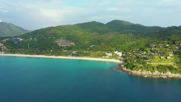 Aerial panorama of tropical resort territory and beach, beautiful Andaman sea at west coast of Phuke alt