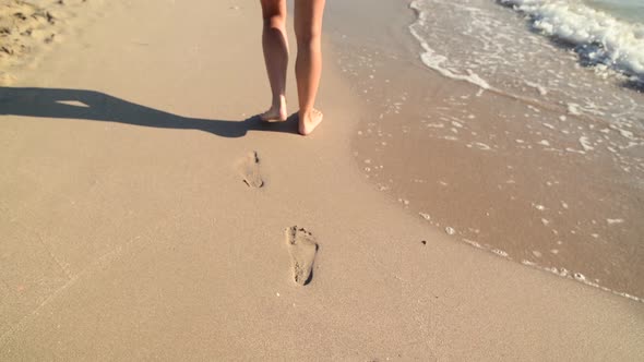 Young Woman Legs Walking on White Sand with Waves at Beach in Island, Cinematic alt