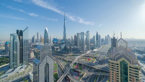 Time lapse of Dubai Downtown skyline, highway roads or street in United Arab Emirates or UAE alt
