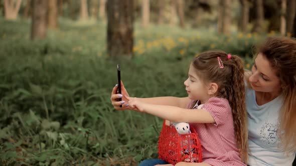 Mother's Day. Mother With Child Looking Cartoon. Family Make Video Call To Daddy. Happy Family. alt