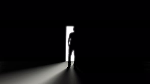 A man standing at an open door in the dark, rays of light coming in
