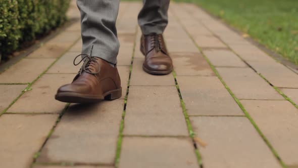 Stylish Businessman Guy Legs in Leather Shoes Walking on Park Alley in Warm Autumn Day Slow Motion alt