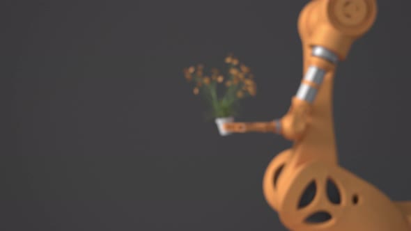 An orange robot holds a pot with a flower