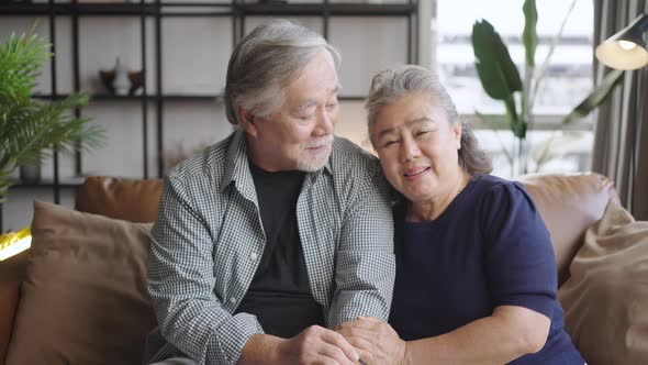 Asian elderly couple chatting through the camera for a video call with distant family