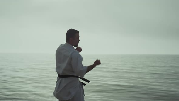 Strong Man Practicing Taekwondo Near Ocean Against Cloudy Sky in Slow Motion alt