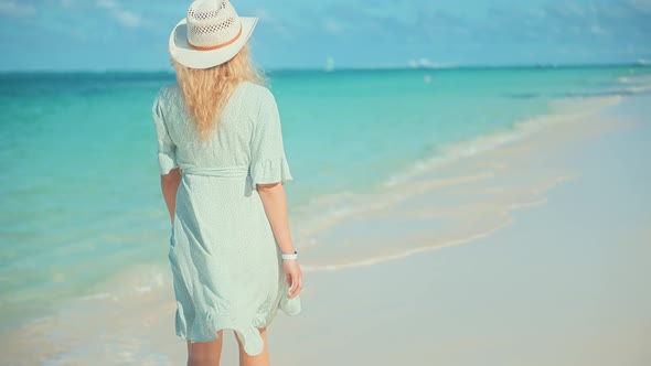 Woman In Hat Walks Along Beach On Caribbean Coast.Travel Mood Wind Blows Dress On Ocean Resort. alt
