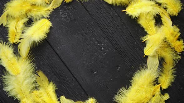 Colorful Decorative Easter Feather Wreath on Black Wooden Table Background alt