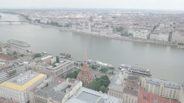 Aerial view of Parliament palace of Budapest on Danube riverside. Hungary Europe summer landscape