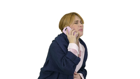 Pregnant woman in labor calling hospital on white background. alt