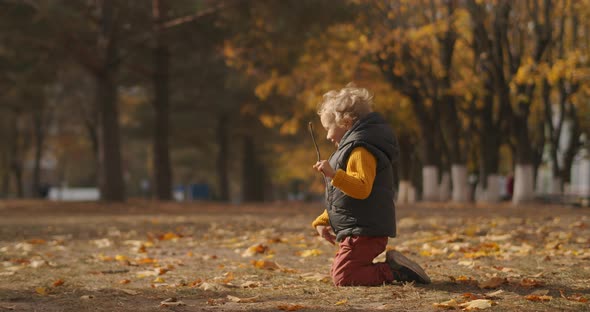 Little Child Is Playing in Park at Sunny Autumn Day, Toddler Is Sitting on Ground and Smiling, Happy alt