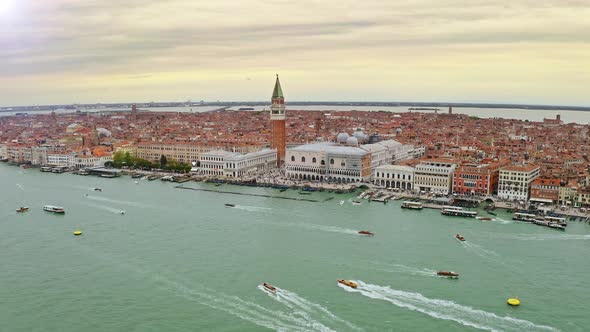 Aerial View of Large Water Canal in Venice Old Town in Italy Ships Coastline Busy Embankment Port alt