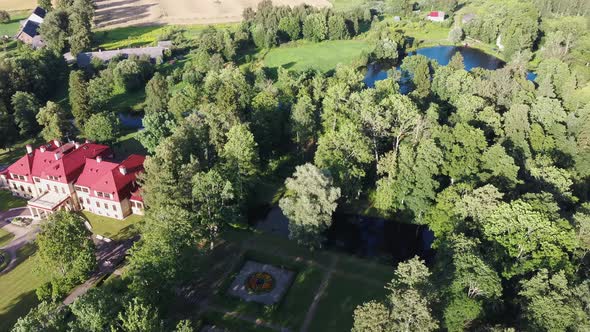 Aerial View Over the Dikli Palace and Park. Old Manor at City Valmiera, Latvia.  alt