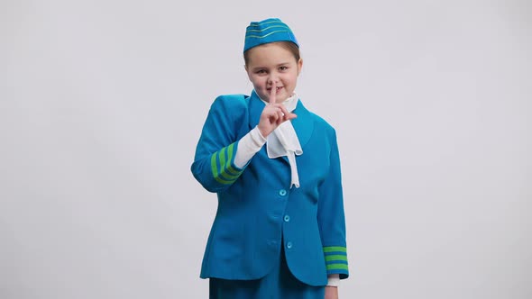 Charming Little Stewardess Showing Hush Gesture Putting Finger on Lips Smiling Posing at White alt