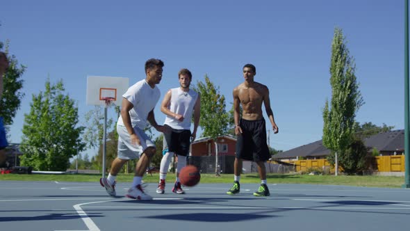 Slow motion shot of friends playing basketball at park