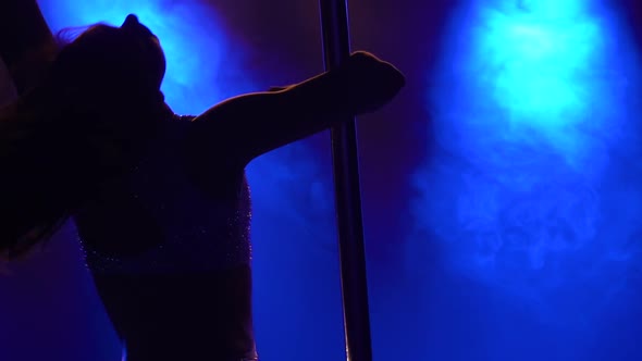 Athletic Flexible Woman Rotates on a Pole in a Dark Studio with Blue Neon Lights alt