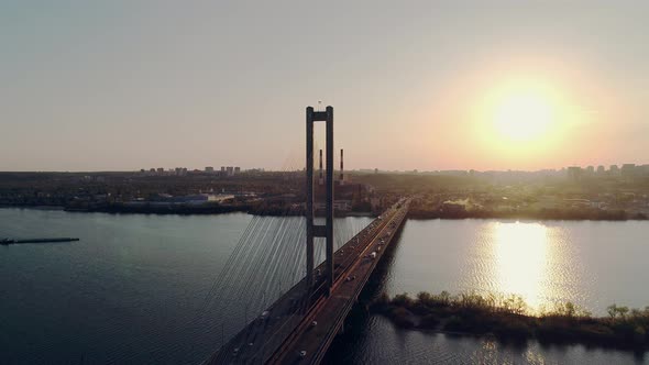 Video Footage Aerial View in  Quality of the South Bridge Across the Dnieper River in Kyiv Ukraine