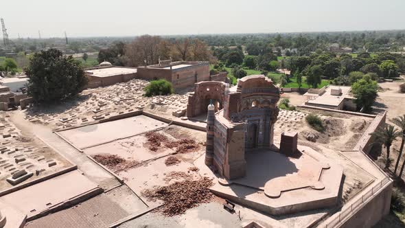 Aerial rotating shot of UCH Sharif.  A Beautiful View of Uch Sharif.  Uch Sharif The City Of Saints alt