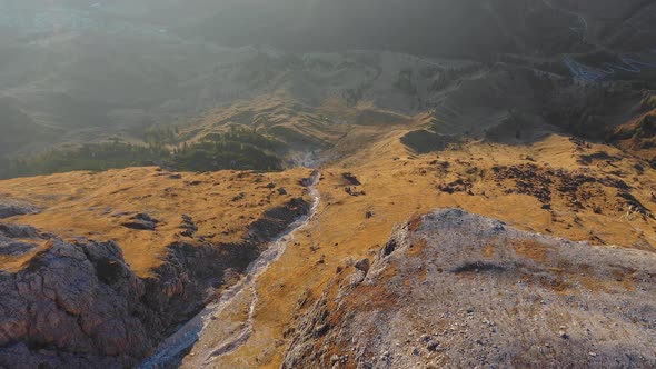 Sunrise in the Dolomites, Aerial View of Mountains and Valleys, South Tyrol and Trentino, Autumn