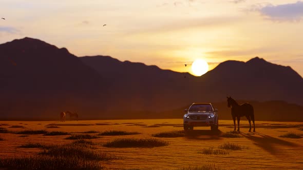 White Luxury Off-Road Vehicle Coming from Horses in Mountainous Area with Sunset View
