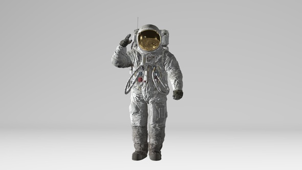 Lunar Astronaut saluting on white background with Alpha channel.