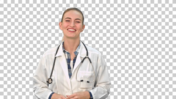 Smiling beautiful woman in lab coat talking, Alpha Channel