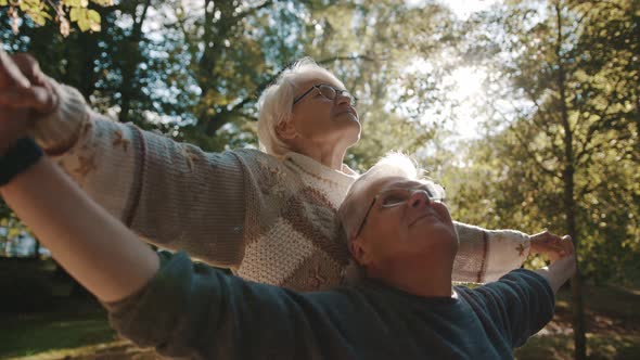 Happy Old Enjoying Autumn Day in Park. Senior Man Flirting with Elderly Woman.  alt