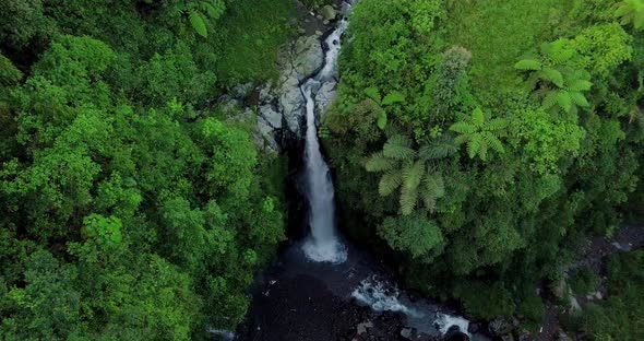 Aerial view from drone flying over nature view of waterfall and river flow with surrounding vegetati alt