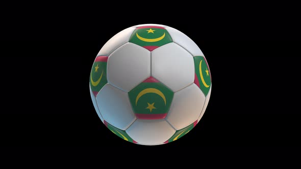 Soccer ball with flag Mauritania, on black background loop alpha