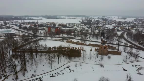 Ruins of Ancient Livonian Order's Stone Medieval Castle Latvia Aerial Drone Top Shot  alt