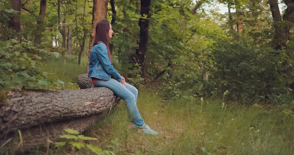 Beautiful Girl Sits on a Log in the Forest and Looks Into the Distance