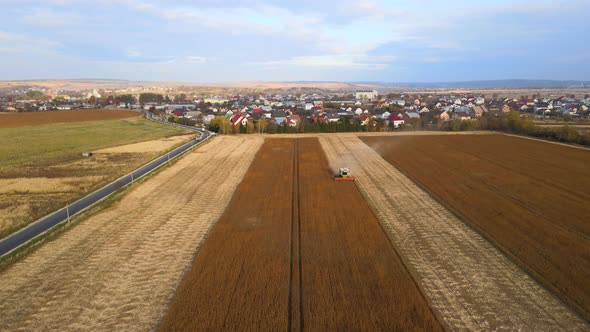 Aerial View of Combine Harvester Working During Harvesting Season on Large Ripe Wheat Field alt
