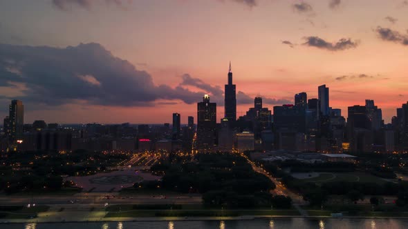 Drone Time Lapse of Downtown Chicago at Sunset alt